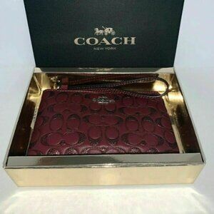 NIB Coach F80214 Corner Zip Wristlet Wine Leather w/ Glitter & Gift Box